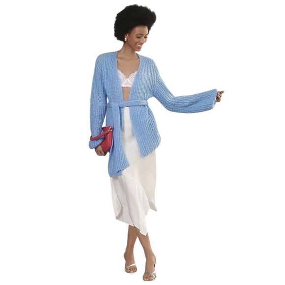 Self Contrast Anthropologie Baby Blue Knit Tie Wrap Cardigan Sweater OS NWT $120 - Picture 1 of 9